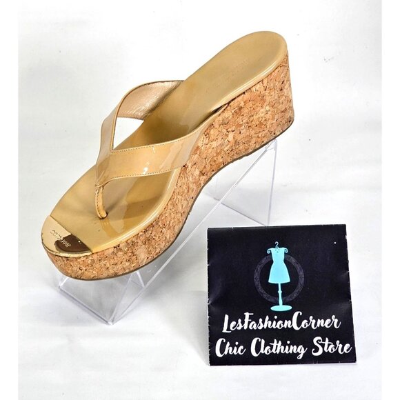 Jimmy Choo Nude Patent Leather Pathos Thong Cork Wedge Sandals Sz 39.5 (9) 024 - Picture 15 of 16